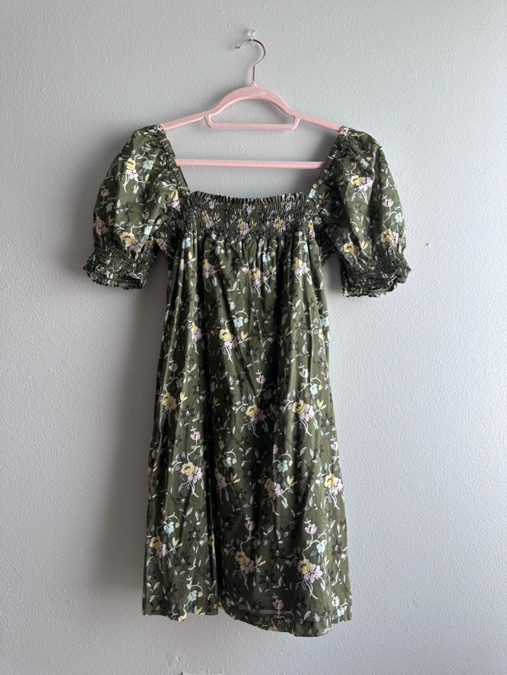 Tory Burch Olive Floral Smocked Tunic Top | Boho Puff Sleeve Blouse M